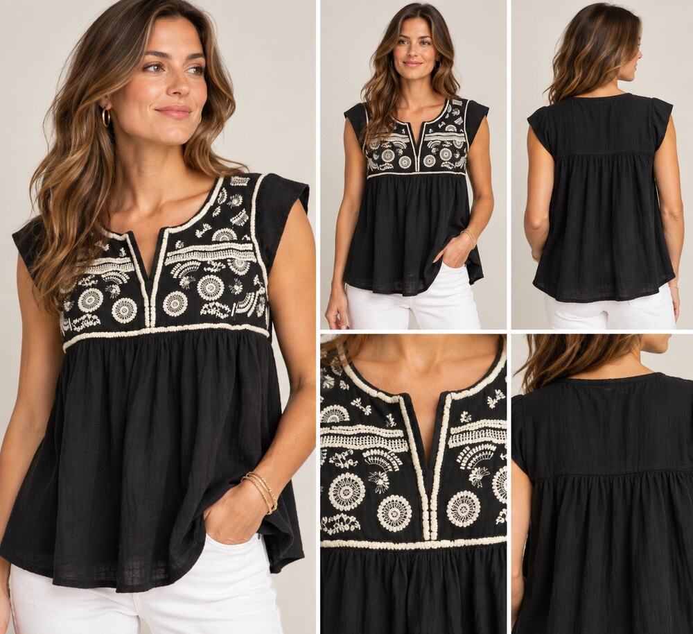 Lucky Brand Black White Embroidered Boho Peasant Top Women S